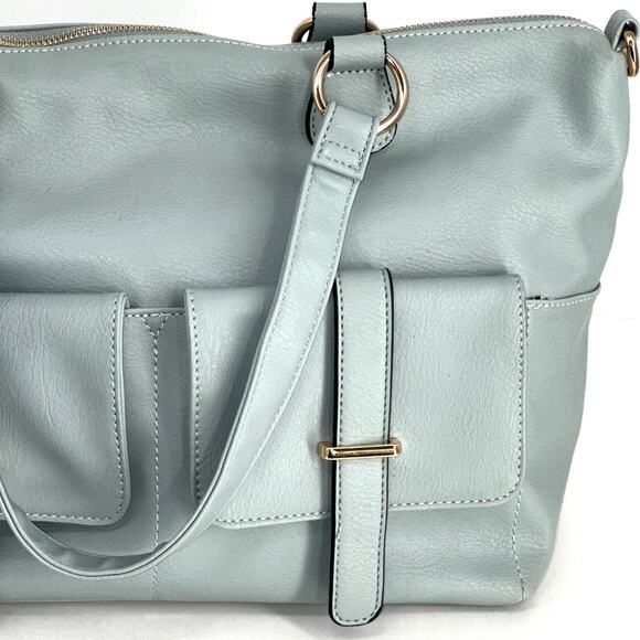 Womens Light Blue Leather Tote Bag with Front Pockets Gold Hardware Shoulder Bag - Picture 4 of 10